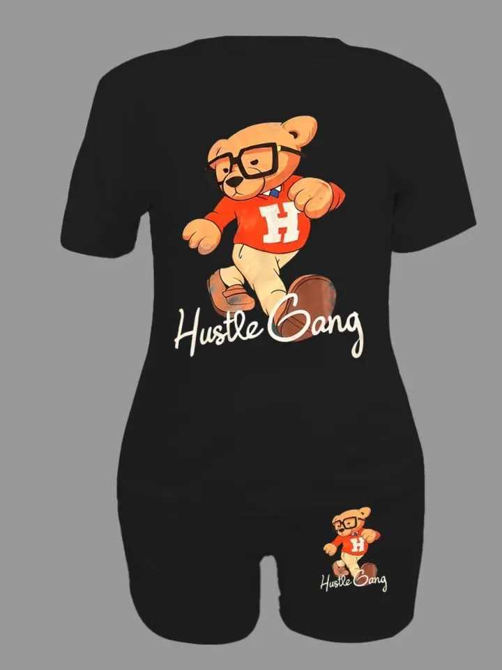 Women's Two Piece Pants LW Plus Size Cartoon Bear Letter Print Two Pieces Suits Shorts Set Short Slve Crewneck T-shirt and Matching Pants 2pcs Ou