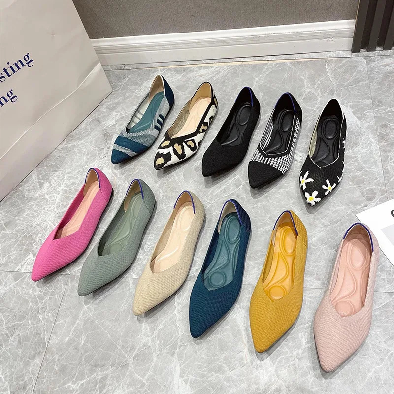 Knitted sliding flat shoes womens mesh Loafers elastic ballet shallow flat dress shoes Moccasins comfortable ballet flat 241213