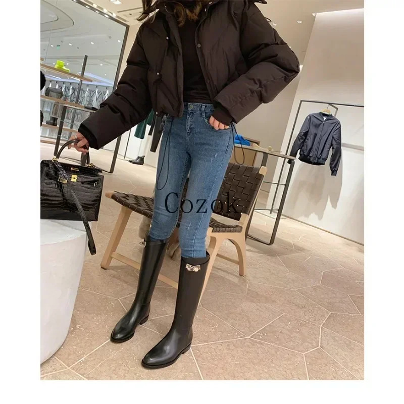 2024 Thigh High Boots Brown Women Vintage Leather Square Heel Knee Height Buckle Boot Keep Warm Round Toe Shoes British Style 241213