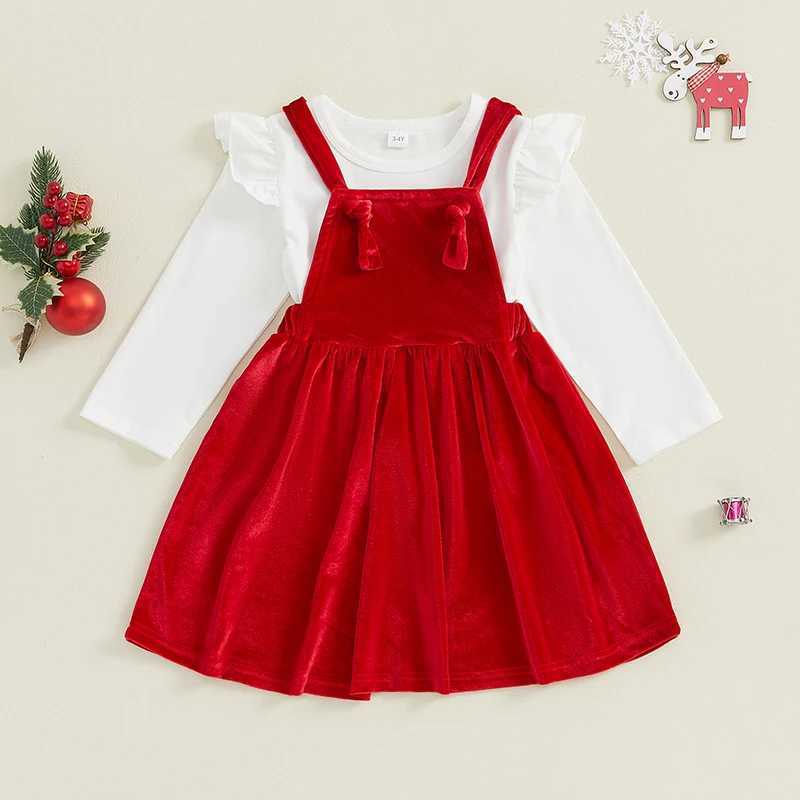 Baby and Girls Clothing Set Solid Long Sleeve Ruffle Top Velvet Pendant Ski Christmas Clothing Set W241213