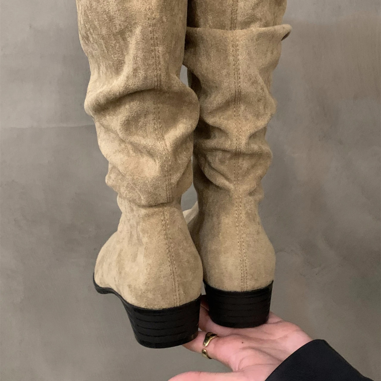 Womens knee high boots autumn and winter womens shoes fashionable womens sliding up folding low toe boots Botas De Mujer D81 241213