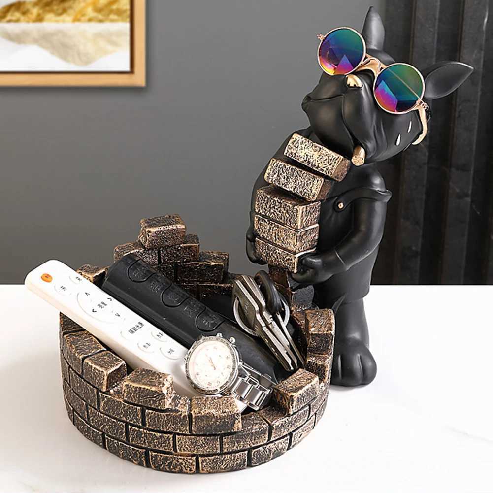 Bldog Cool Sculpture Dog Ornament Butler Storage Box with Tray Nordic Table Decoration Resin Sculpture Coin Piggy Bank Y250509