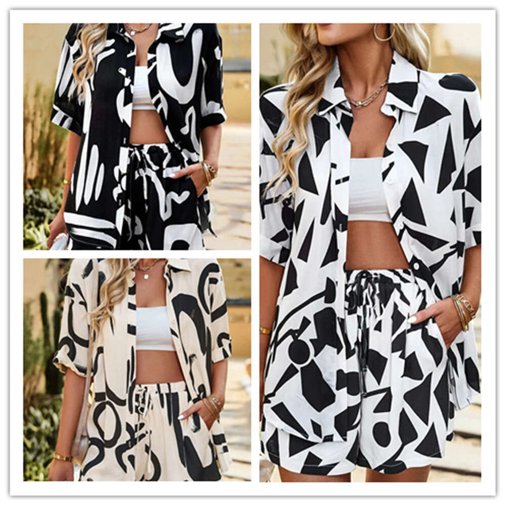 European And American Summer Fashion Printed Loose Casual Collar Shirt With Lace Up Shorts Two-Piece Set, Fashionable Quality Classic