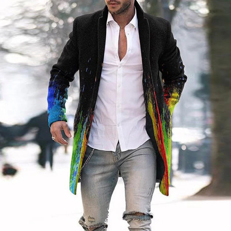 Retro Pattern Print Wool Blend Jackets Men Casual Turndown Collar Thick Man Cardigan Autumn Winter Singlebreasted Trench Coats 241213