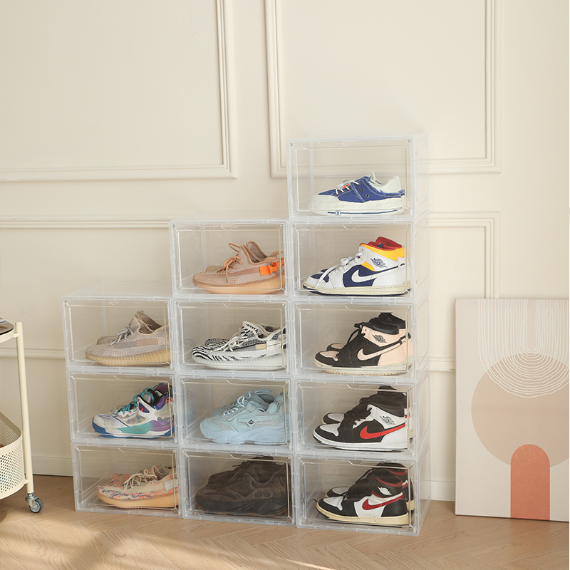 New side opening transparent basketball shoe box acrylic magnetic foldable flip storage shoe box shoe storage box