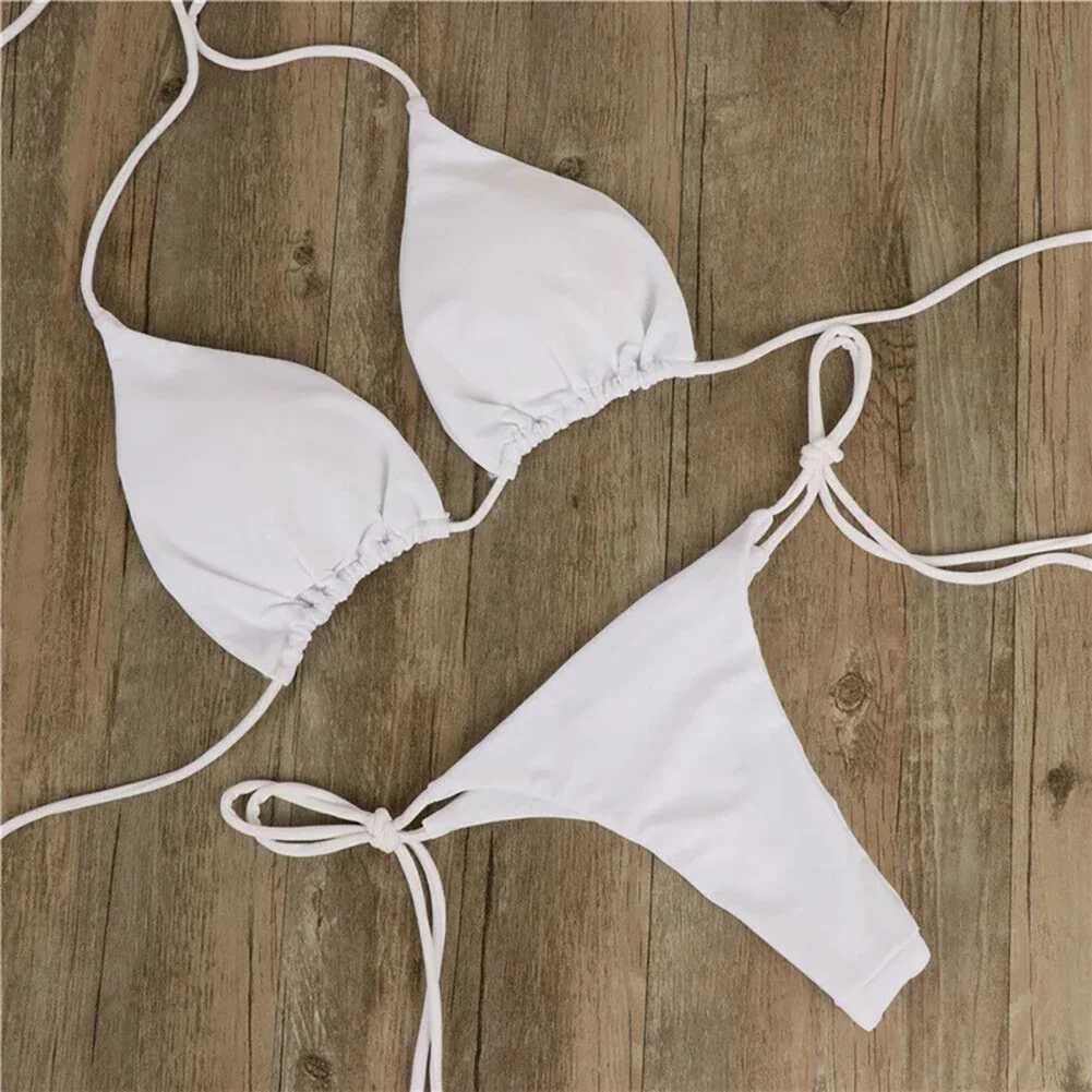 Solid Color Hanging Neck Sty Lace-Up Bikini Womens Sexy Adjustab Triang Beach Swimsuit No Steel Bracket No Chest PadXJ241212