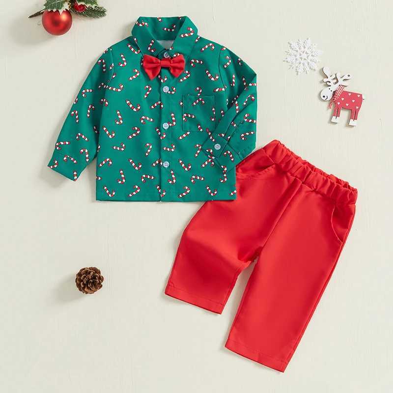 Toddler Kid Baby Boy Christmas Clothes Set Candy Cane Print Bow Tie Long Sleeve Lapel Neck Shirt Long Pants Outfits W241213