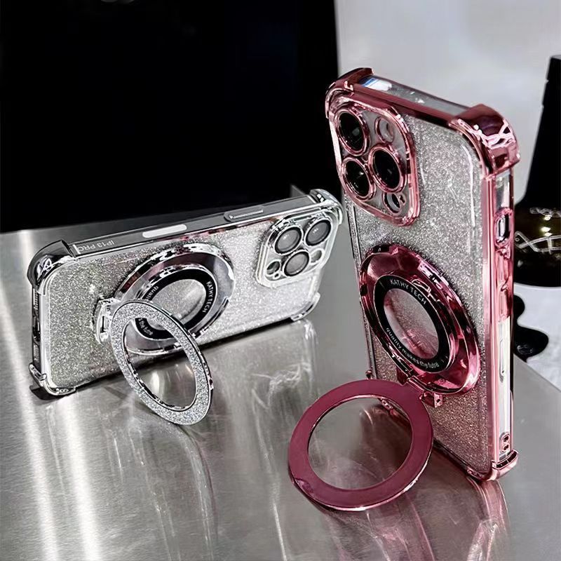 Luxury Four Corner Bling Glitter Clear Soft TPU Ring Stand Magnetic For Magsafe Wireless Charging Cases With Lens Film Protector For iPhone 16 15 14 1