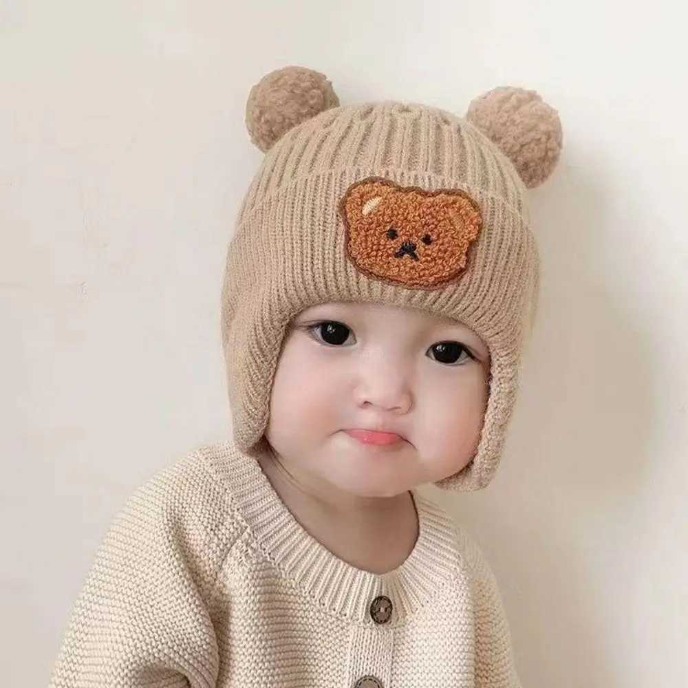 Bear Ear Protection Knitted Hat Winter Baby Beanie Cap for Toddler Boys Girls Cute Korean Warm Kids Crochet HatsXJ241213