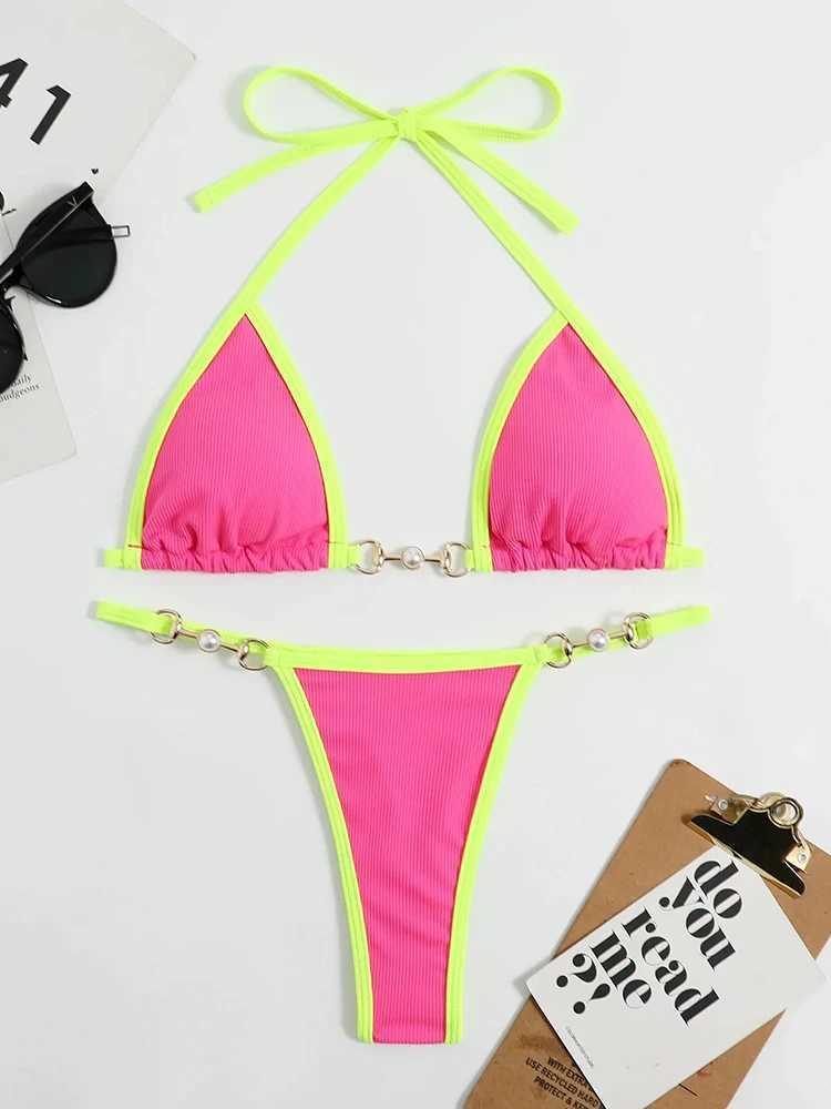 OIINAA Swimsuit Women Sexy Halter Block Color Bikini Set Pearl Metal Ring Swimwear Lace Up Biquinis Two-piece Thong Bathing SuitXJ241212