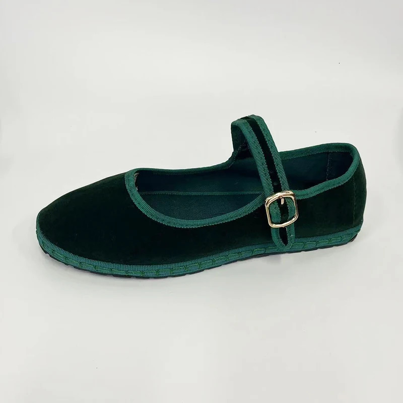 Flannel flat shoes for women hand sewn Mary Jane ballet casual shoes for women elegant buttoned velvet coat dark green 241213