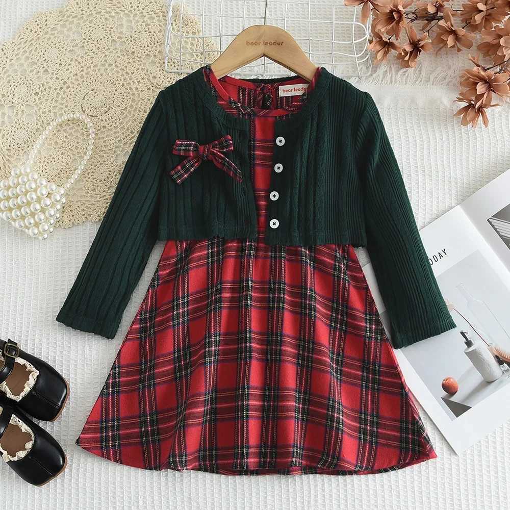 3-7 Years Girls Christmas Sets Bow Knitted Cardigan Coat and Red Plaid Print Vest Dresses 2Pcs Casual New Years Kids Clothes W241213