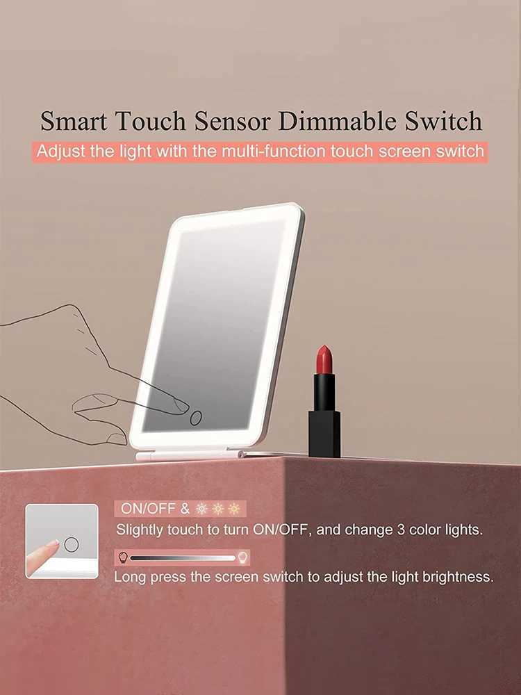 LED Foldable Travel Makeup Mirror 3 Colors Light Modes USB Rechargeable Touch Screen Portable Tabletop Cosmetic MirrorXJ241213