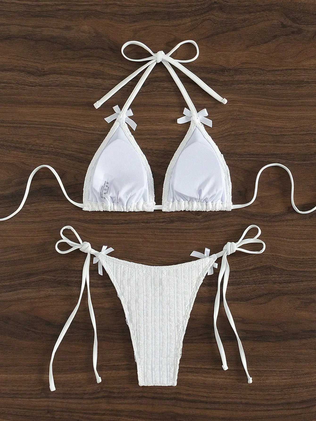 2025 New Solid Color White 2 Piece Swimsuit Sexy Bow Triang Halter ss Bikini Set Lace-up Thong Bathing Suit SwimwearXJ241212