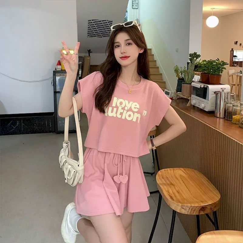 Women's Two Piece Pants Swt Set Women Summer Loose 2024 New Waffle Sports Shorts Slve Two Piece Sets Women Outfits Loose Fit Sporty Printing Y241