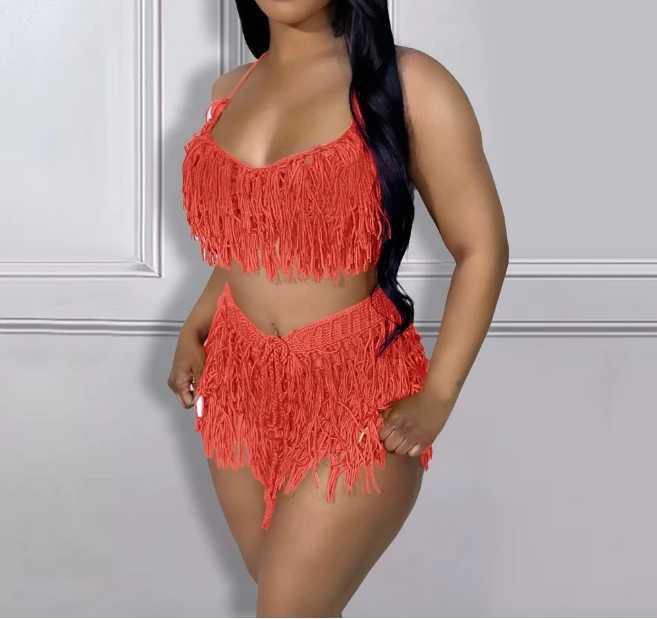 Women's Two Piece Pants Womens Two Piece Sets Outfit 2024 Summer New Sexy Spaghetti Strap Crop Crochet Top Fashion Tassel Design Shorts Set Casua