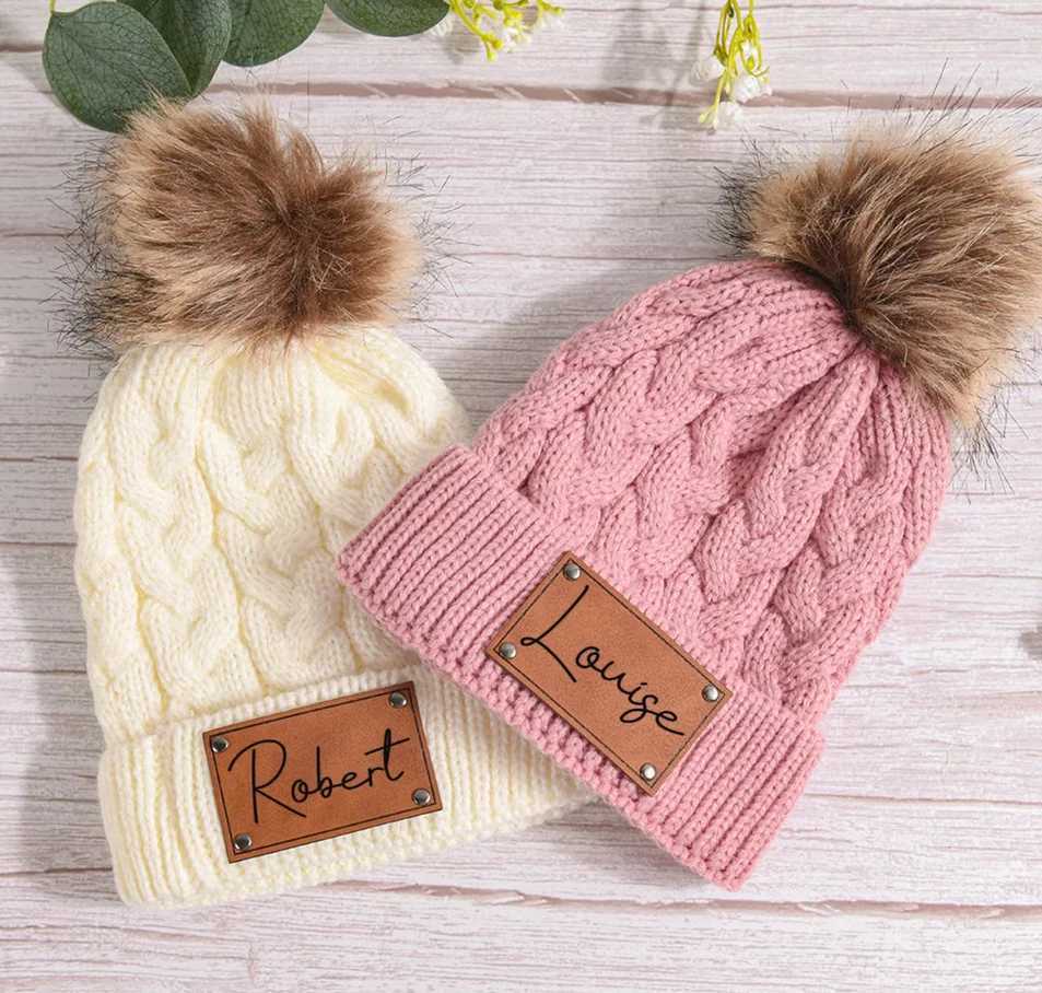 Custom Infant Beanie with NameBaby BeaniesKid Knitted HatLeather Patch Beanie for Baby PersonalizedToddler Child Baby BeanieXJ241213