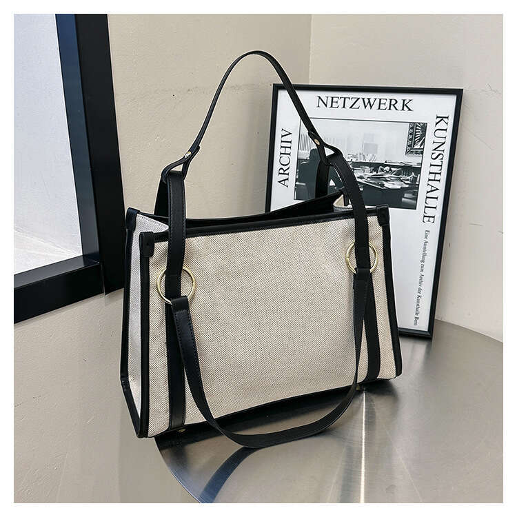 Wholesale Canvas Contrasting Single Shoulder Women's New Retro Trendy Fashion, Large Capacity Commuting Tote Bag, Fashionable Quality, Classic