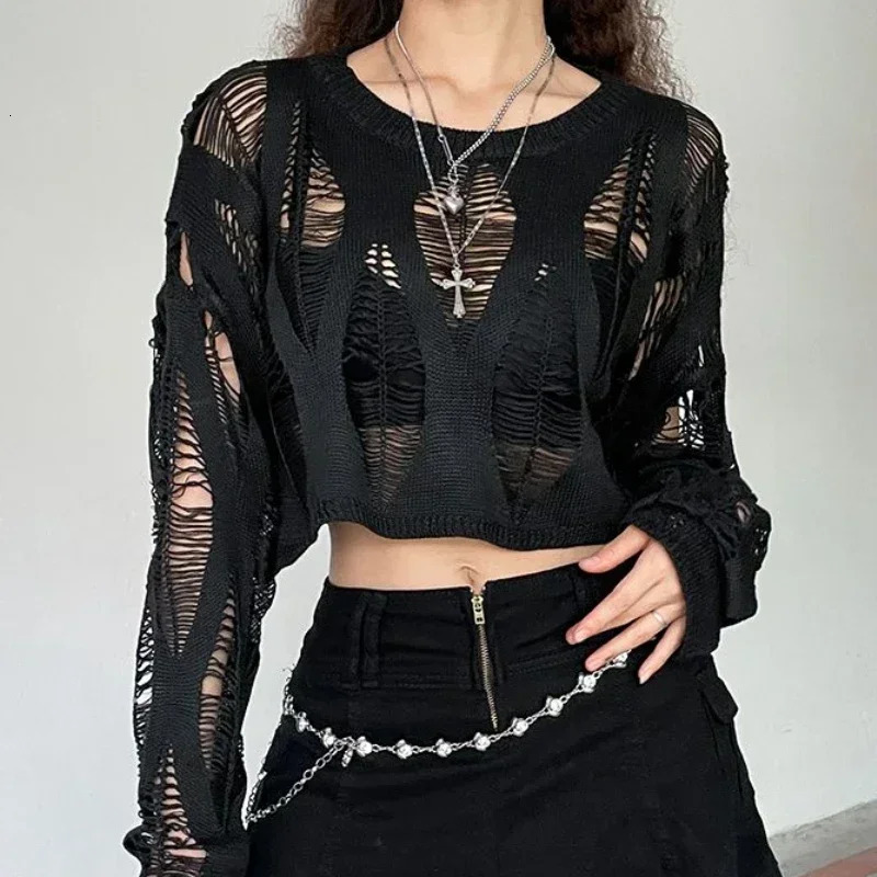 Vintage Hole Ripped Knitted Smock Tops Sexy Fashion Cropped Pullover Hollow Out Spring Autumn Sweater Knitwear 241203