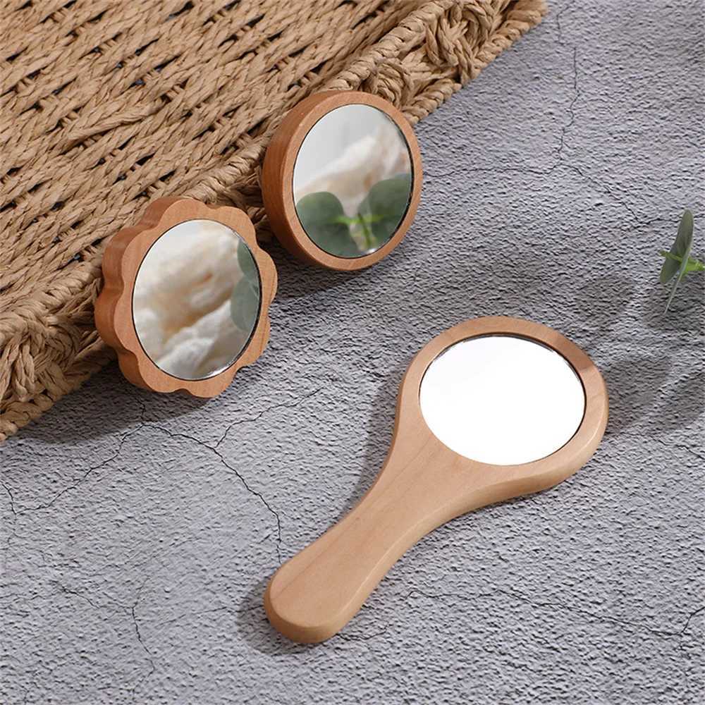 Wooden Hand Mirror Vintage Portable Round Cosmetic Mirror Compact Makeup Vanity Hand Held Mirror Women Travel MirrorsXJ241213