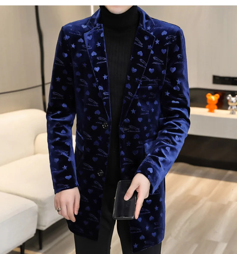 Blue Print Velvet Warm Coat ner Men Winter Wool Blends Jacket Trendy Slim Fit Long And For 241213