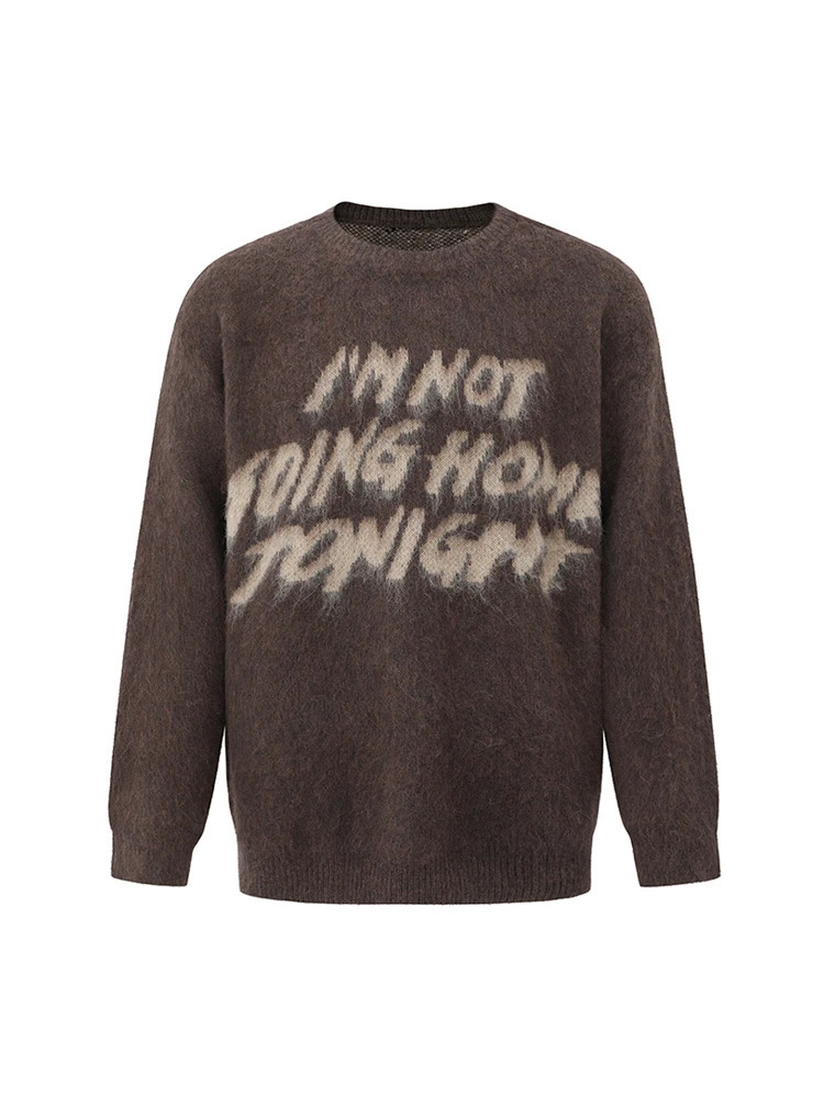 Korean Style Mens Mohair Sweaters Casual Round Collar Letter Print Loose Pullover Tops Trendy Male Knits Winter 241213