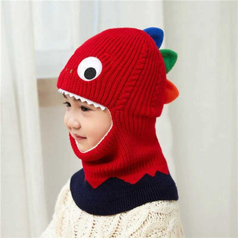 Cute Kids Dinosaur Winter Knit Hat Baby Toddler Thick Scarf Earflap Hood Scarves CapsXJ241213