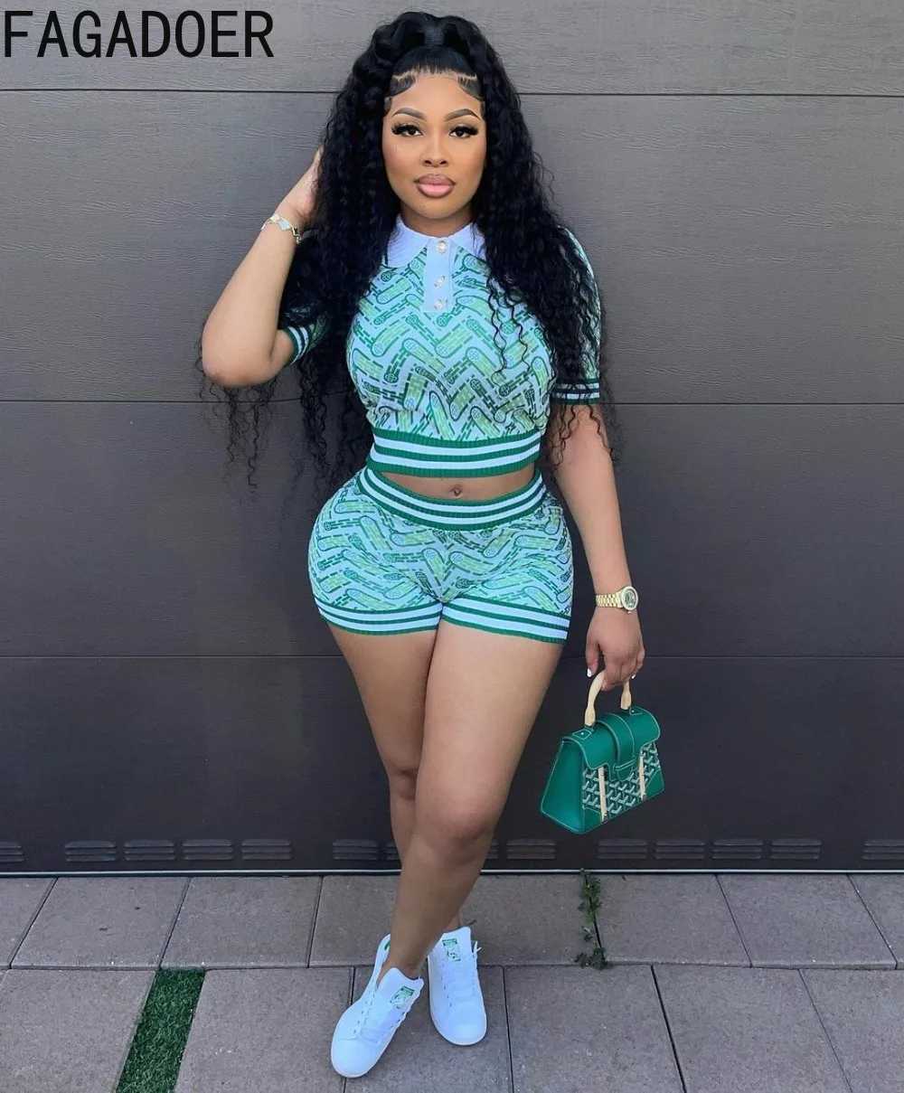 Women's Two Piece Pants FAGADOER Rib Fashion Print Two Piece Set Women Outfits Swthot Y2k Crop Top and Shorts Casual Strtwear Summer Matching Set