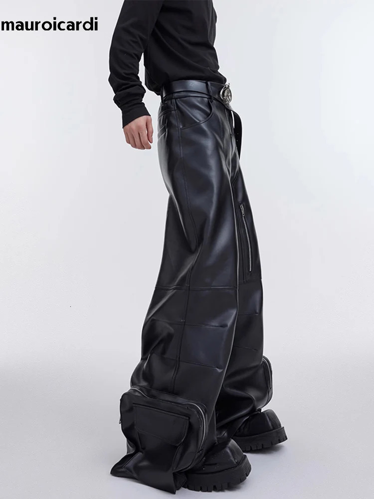 Mauroicardi Autumn Long Black Baggy Pu Leather Wide Leg Cargo Pants for Men Three-dimensional Pockets er Clothes 241213