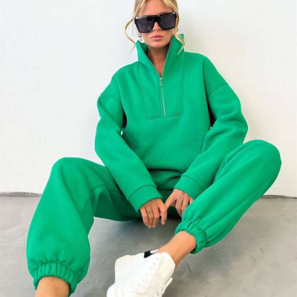 Spring Autumn New Women's Long Sleeved Stand Up Collar Zipper Sports Suit Two-Piece Set Trendy Clothing Fashionable And Casual Temperament