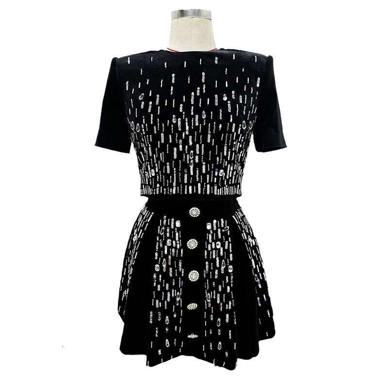 Ladies Suits TOP QUALITY Newest Designer Suit Women's Short Sleeve Stunning Beaded Veet Cropped Tops Mini Skirt Set 2Pcs