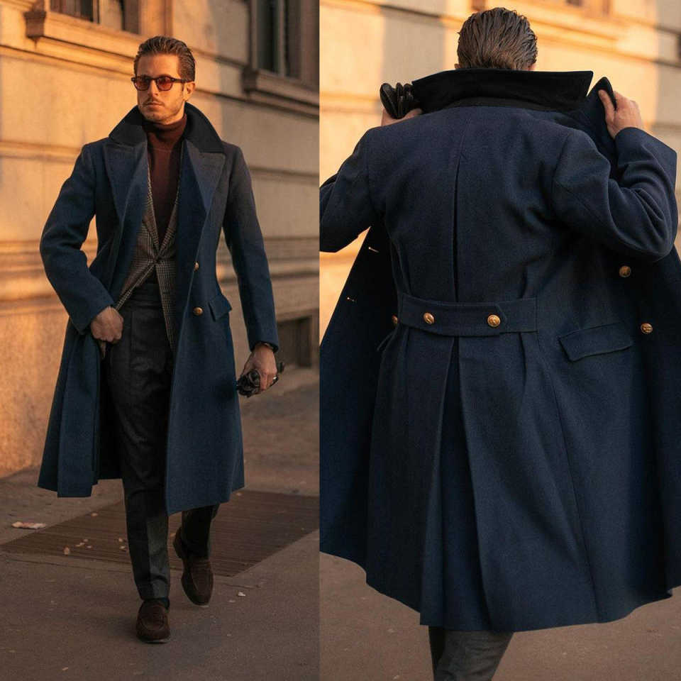 Customized Men Long Overcoat Navy Blue Wool Blend Fashion Vintage Coat Classic Fit Jacket One Piece