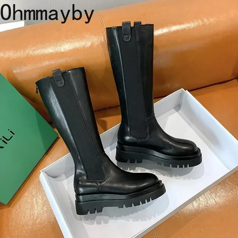 Platform Women Knight Long Boots Fashion Warm Fur Shoes Autumn Winter Square Heels Ladies Knee High Booties 241213