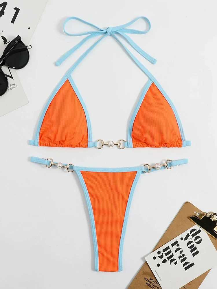 OIINAA Swimsuit Women Sexy Halter Block Color Bikini Set Pearl Metal Ring Swimwear Lace Up Biquinis Two-piece Thong Bathing SuitXJ241212
