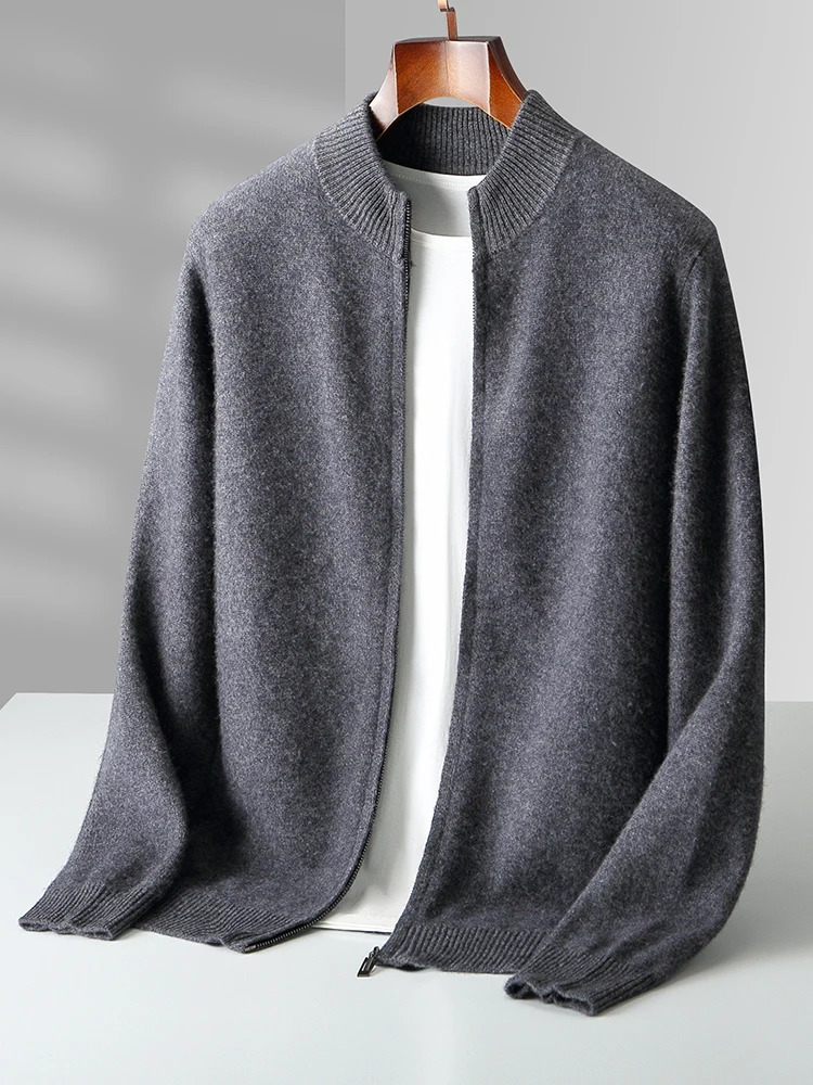 Autumn Winter Mens Woo Cardigan Zippers Mock Neck Long Sleeve Cashmere Sweater 100% Merino Wool Knitwear Thick Soft Clothing 241213