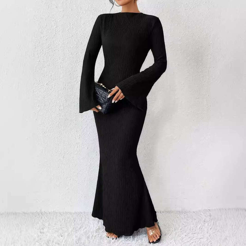 European American style 2024 autumn and winter new women's fashion round neck trumpet long sleeved slim fit hip hing dress for women