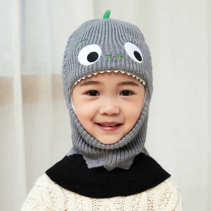 Cute Kids Dinosaur Winter Knit Hat Baby Toddler Thick Scarf Earflap Hood Scarves CapsXJ241213