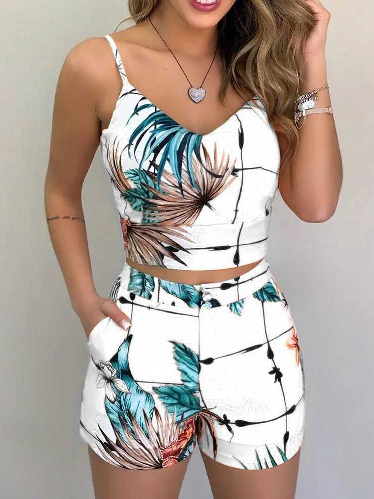 Women's Two Piece Pants Print Spaghetti Strap Crop Top Short Sets Casual Summer 2 Piece Outfits for Women Y2412139X51