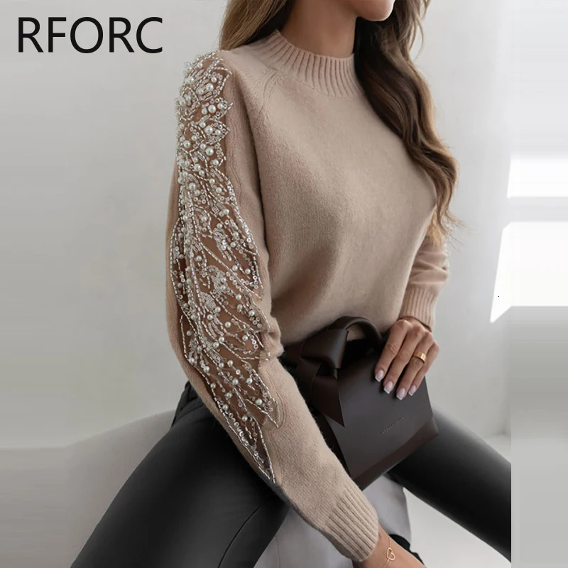2023 Women Solid Hook Flower Hollow Sequins Patch Long Sleeves Knitting Pullovers Tops 241203
