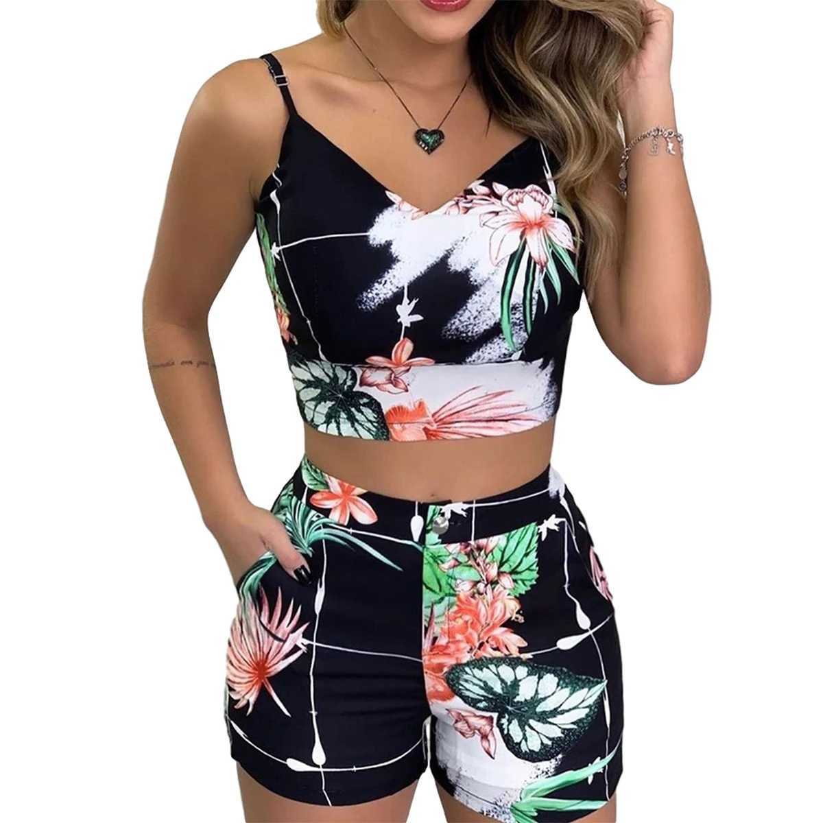 Women's Two Piece Pants Two Piece Set For Women Summer Women Fashion 2-piece Outfit Set Slveless Print Top And Shorts Set For Ladies Women Party 