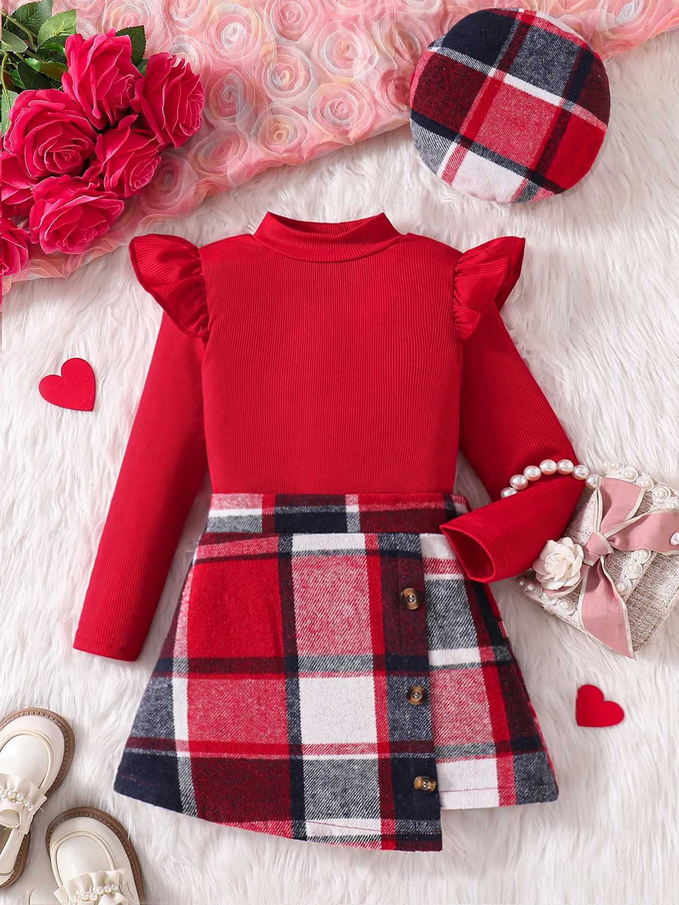 Childrens Spring and Autumn New Fashion 2 sets of red knitted mid neck long sleeved flat shoes+Trend flat top hat W241213