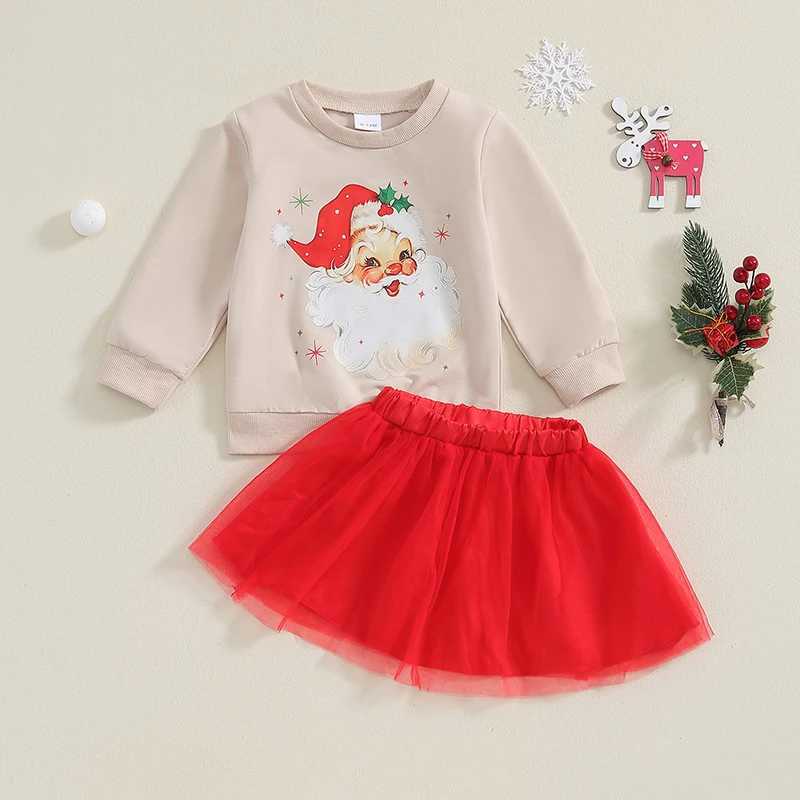 Toddler Girl Christmas Outfit Santa Claus Print Long Sleeve Sweatshirt Elastic Waist Tulle Skirt 2 Piece Set Fall Winter Clothes W241213