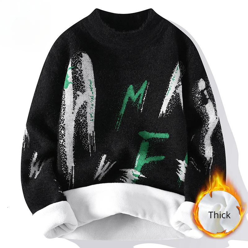 Winter Knitted Sweater Men Letter Fashion Casual Knitwear Warm Mock Neck Pullover Clothing Korean Youth 241213
