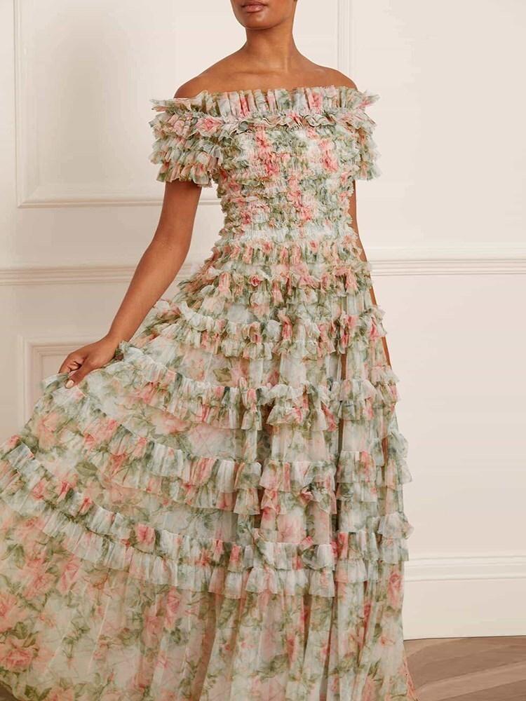 Hit Color Printing Dresses For Women Slash Neck Short Sleeve High Waist Elegant A E Dress Female Fashion Clothes