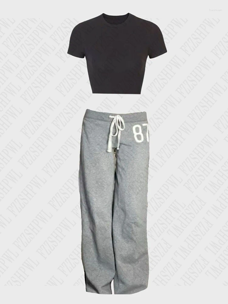 Women's Pants American Style High Street Casual Womens Gray Trousers Emo Girls Y2K Retro Streetwear Gothic Hip Hop Number Print Tie Rope