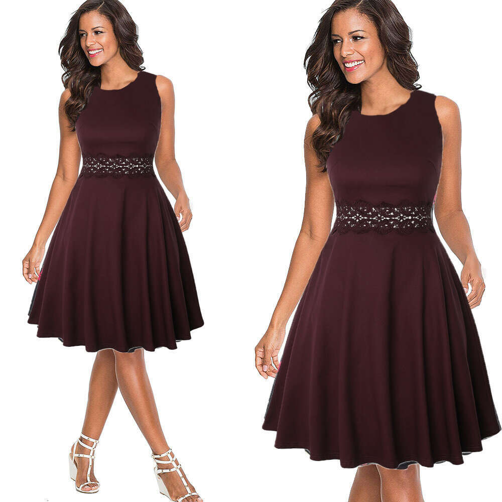 European And American Women's New Round Neck Sleeveless Lace Patchwork Printed Large Swing Skirt Dress, Fashionable Quality Classic