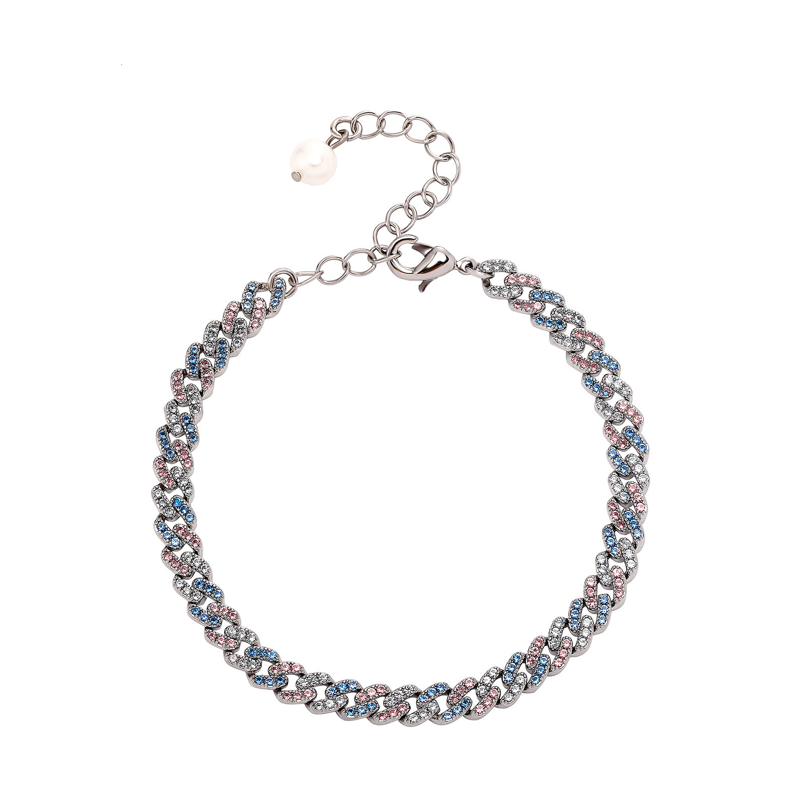 Sparkly Pink Blue 2 Tones Cubic Zirconia Prong Cuban Link Chain Bracelet Punk Hiphop Men And Women Colorful Gemstone Natural Pearl Chains 18k Gold Bij