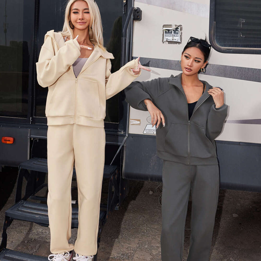 Spring Autumn European American Women's Solid Color Hooded Long Sleeved Ankle Binding Sports Two-Piece Set, Trendy Clothing, Fashionable And Casu