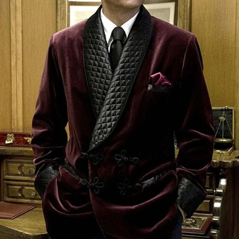 1 Pc Veet Smoking Jacket Shawl Lapel Loose Men Suit Prom Blazer Retro Dinner Party Male Fashion Coat 2024 Latest Designs