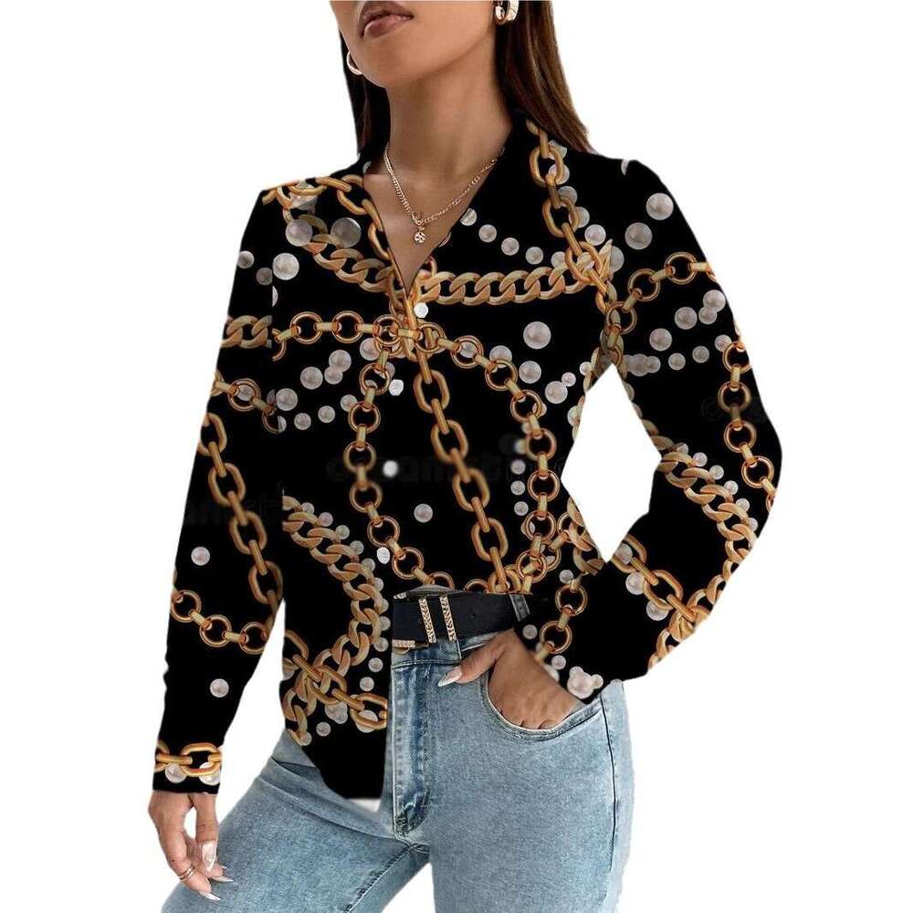 New Retro Digital Printed Long Sleeve Collar Top Women's Trendy Clothing Fashionable Casual Style